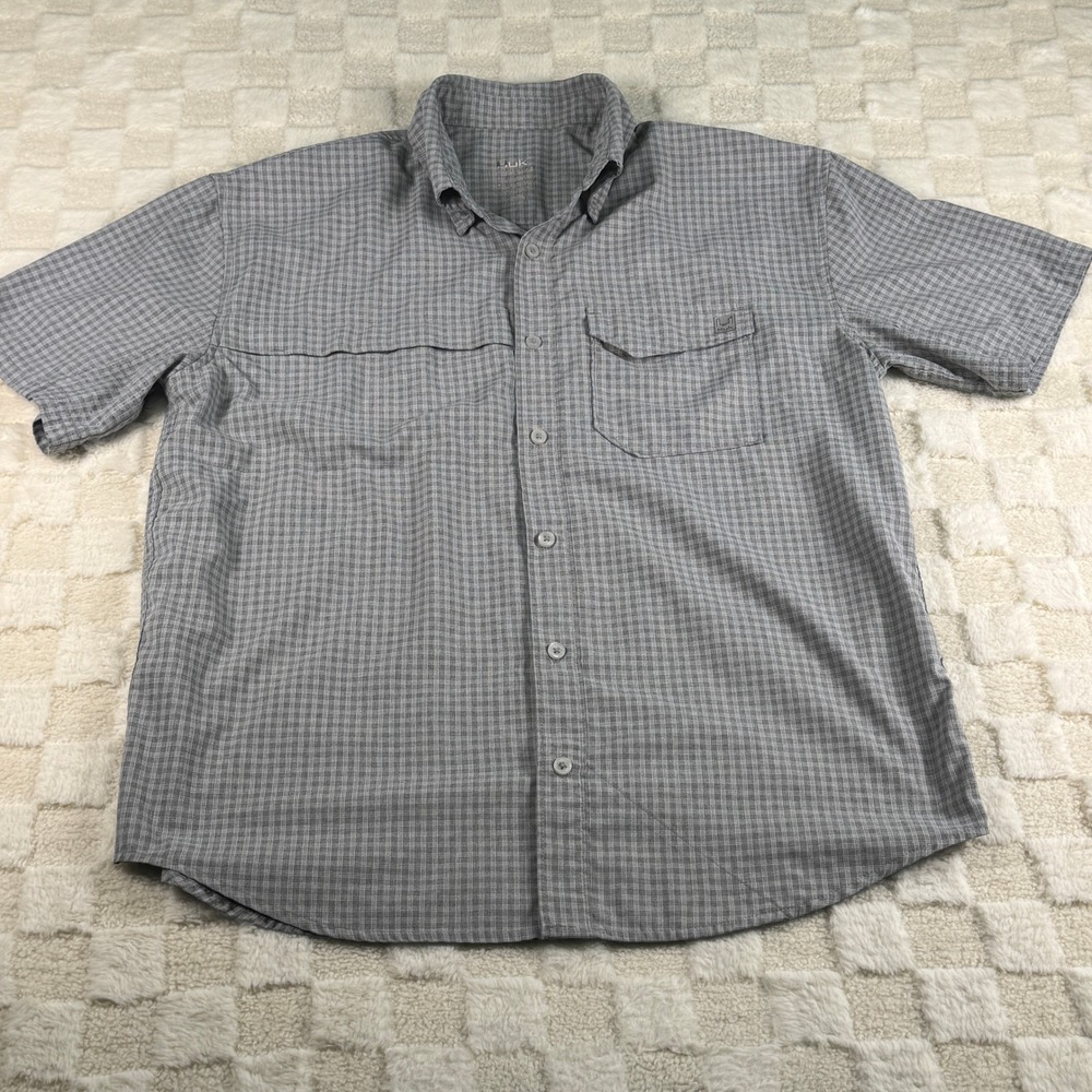 Huk Mens Grey Plaid Short Sleeve Button Down Fishing Shirt Size Medium Mesh Back